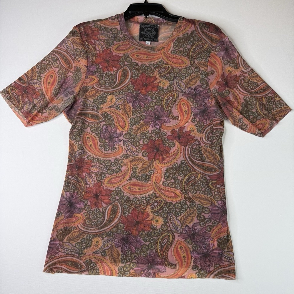 Johnny Was Jade Sheer Floral Blouse Women's Size Xl Fitted Short Sleeve